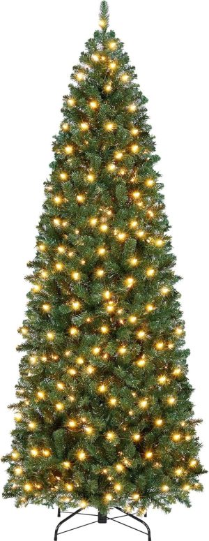 Yaheetech 7.5ft Pre-lit Kingswood Fir Pencil Artificial Hinged Christmas Tree Skinny Corner Xmas Tree with 350 Incandescent Warm White Lights Prelighted Xmas Tree with Foldable Stand, Green