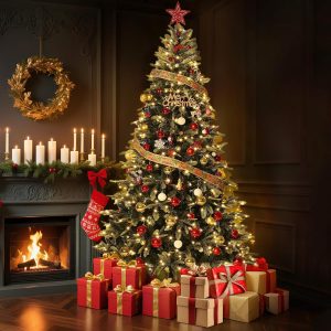 6FT Pre-Lit Snow Flocked Artificial Full Christmas Tree with Warm Lights, Artificial Christmas Tree Full Prelighted Xmas Tree with 710 Branch Tips, 250 Warm Lights & Foldable Stand, Green White