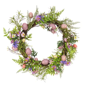 22 in. Easter Wreath Decorated with Pink Pastel Eggs, Purple Flowers, Ferns, Leafy Greens