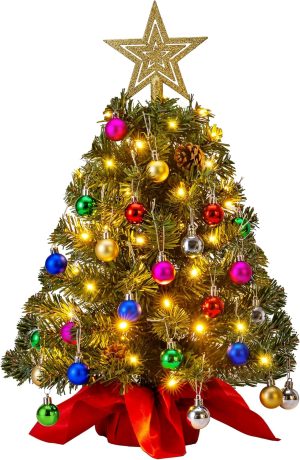 Joiedomi 24/2FT Mini Christmas Tree Tabletop Set with Clear LED Lights, Artificial Mini Christmas Tree with Star Treetop and Hanging Ornaments, Best DIY Xmas Decorations