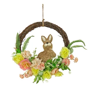 16 in. Easter Wreath Decorated with Pastel Flower Blooms, Bunny, Leafy Greens