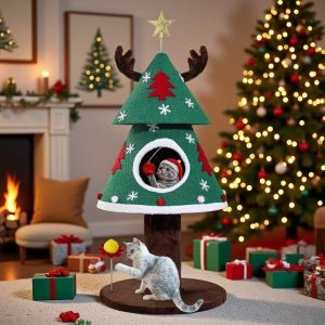 DWVO Christmas Cat Houses for Indoor Cats, Christmas Cat Tree Tower with 2 Cozy Houses, Kitty Furniture with Teaser Plaything for Christmas Decoration