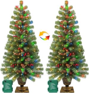 2 Pack 4 Ft Artificial Potted Christmas Tree with 60 LED Lights,Warm White and Colored Changing,8 Lighting Mode&Timer,Mini Small Xmas Tree, Battery Operated,Outdoor Front Door Porch Home Decoration