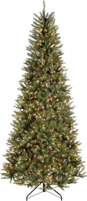 National Tree Company 9 ft Pre-lit Artificial Christmas Tree, Dunhill Fir, 800 Clear Lights, 2,100 Tips, Slim Profile, Includes Stand, Green