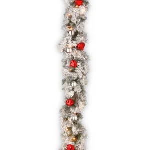 9 ft. Pre-Lit Snowy Bristle Pine Garland with Clear Lights and Ornaments, Plug-In